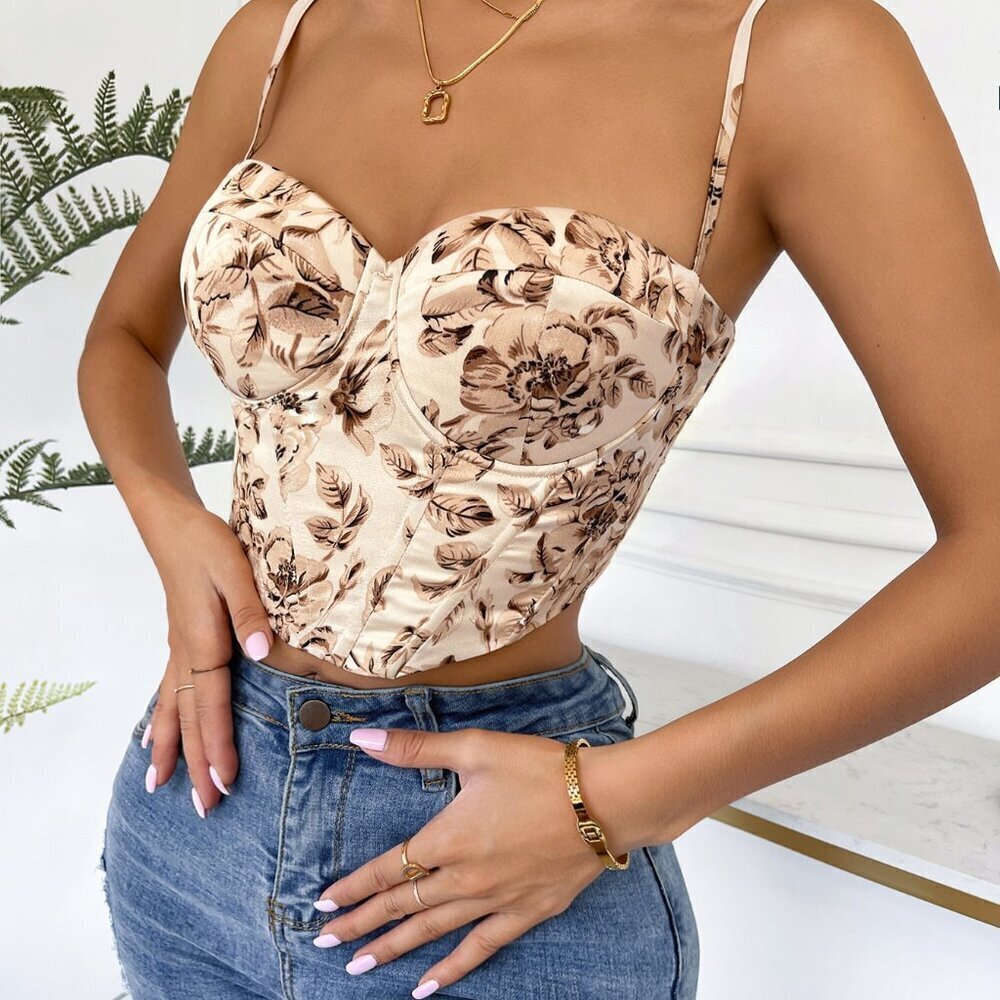 Multicolor Boho Women's Floral Print Lace Up Back Crop Cami Top - Picture 2 of 6